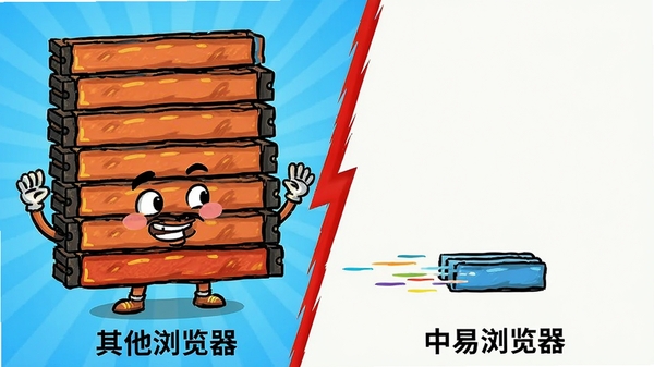 中易浏览器性能对比示意图，左侧为其他浏览器占用大量内存条的卡通形象，右侧为中易浏览器仅占用少量内存条且速度飞快，画面色彩鲜明，对比强烈