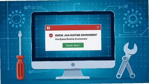 Java Runtime Environment 故障修复场景图,画面展示一个电脑屏幕上弹出错误提示框,旁边有螺丝刀和扳手工具,背景是淡蓝色的技术网格,体现解决问题的过程