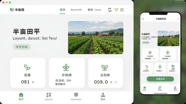 半亩田平台简洁交互界面设计,展示首页布局与底部导航栏,以白色和淡灰色为主色调,突出功能图标,整体风格现代简约,构图清爽,强调用户体验的舒适感