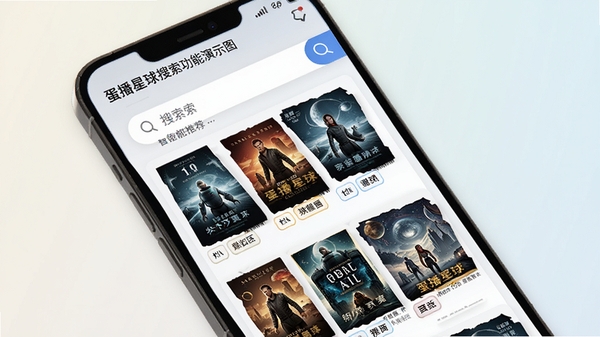 蛋播星球搜索功能演示图，手机屏幕显示搜索结果列表，包含多部影片封面与清晰度标签，背景为浅色渐变，突出搜索框和智能推荐标签，画面清晰，UI设计现代