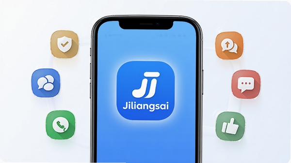 Jiliangsai聚合服务功能展示图，画面呈现手机屏幕内多个生活服务图标环绕排列，中心为Jiliangsai品牌标识，背景干净明亮，突出服务的多样性和便捷性