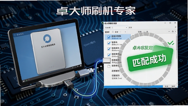 卓大师刷机专家正在自动识别设备并匹配驱动程序的过程图示，画面展示USB连接线连接电脑与设备，软件界面上驱动列表逐项勾选完成，带有“匹配成功”的绿色提示标签，背景为电路板纹理，突出科技感与精准性，构图清晰直观