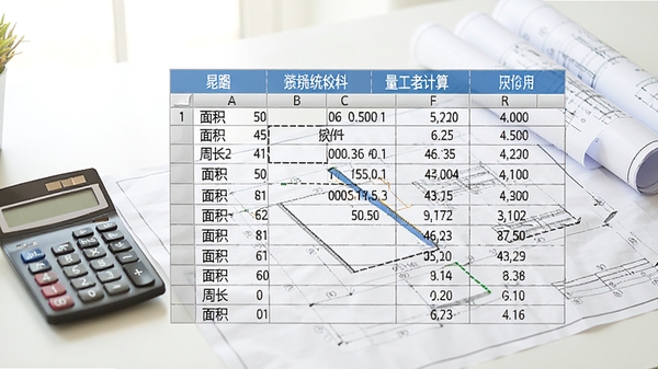 装饰造价系统软件工程量计算功能预览图,画面显示表格中自动生成的面积、周长等数据,背景为明亮的工作台,有计算器和图纸
