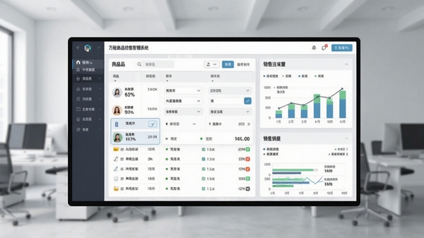 万能商品销售管理系统主界面截图，显示商品列表、库存数量、销售图表看板，背景为浅灰色办公环境，整体风格简洁现代，画面中心突出数据面板，无文字标注