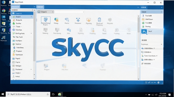 SkyCC软件主界面预览图，展示其功能模块列表和清晰的分类布局，背景为简洁的Windows桌面环境，整体风格为现代扁平化设计，色彩以蓝色和白色为主色调，画面中央突出软件名称SkyCC的Logo标识