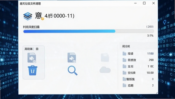 意天垃圾文件清理软件正在执行深度扫描，界面显示进度条与文件分类计数，背景为抽象数据流，色调以蓝白为主，体现高效与智能