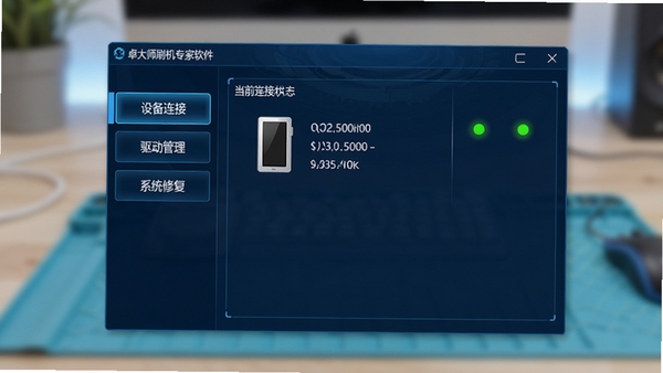卓大师刷机专家软件主界面截图，采用深蓝色科技感窗口设计，左侧功能导航栏清晰可见“设备连接”、“驱动管理”、“系统修复”等按钮，中央区域显示当前连接的设备信息与状态指示灯，整体界面简洁专业，背景为柔光渐变的工作台环境，画面主体突出软件界面细节，风格写实清晰