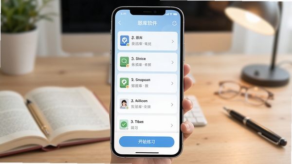 我的题库软件主界面预览图，手机屏幕显示题库列表与开始练习按钮，背景为淡蓝色渐变，学习氛围浓厚，画面清晰明亮