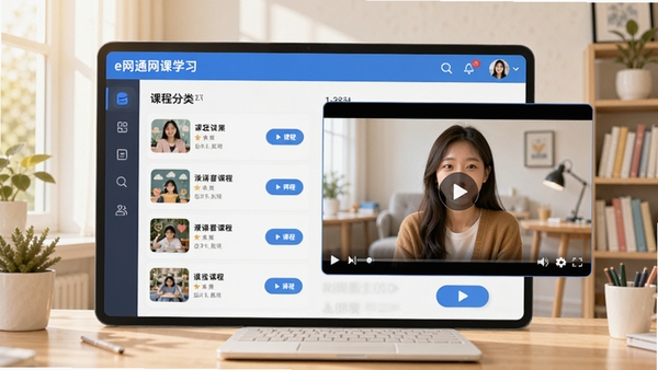 e网通网课学习界面预览图,展示课程列表和视频播放窗口,背景为明亮的学习场景,突出课程分类和播放按钮