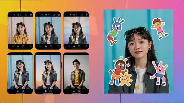 柚子相机PC版创意滤镜与特效展示图,画面中展示多种滤镜缩略图以及带有动态贴纸效果的人物样张,背景为色彩斑斓的渐变墙,营造出活泼创意的氛围