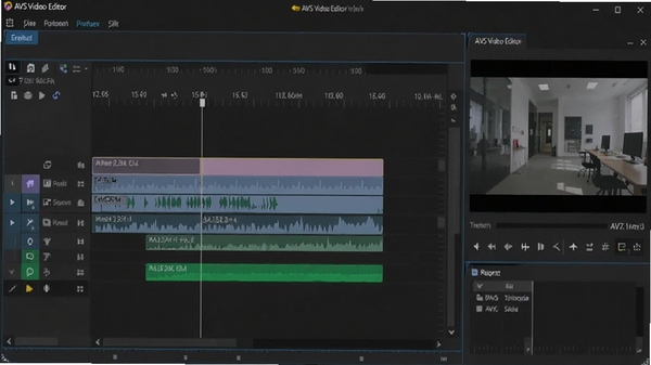 展示AVS Video Editor主界面截图，画面聚焦于中央的时间线编辑轨道和右侧的预览窗口，背景为深色系的软件操作环境，整体风格简洁专业，界面元素清晰可辨