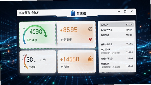 卓大师刷机专家展示系统环境检测结果与备份引导界面，界面以仪表盘形式展示各项检测指标，绿色表示健康，橙色表示警告，同时显示备份文件的大小与创建时间列表，背景为数据流动的抽象线条，体现安全与可靠