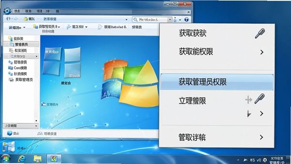 Windows 8 右键获取管理员权限软件功能展示图，画面左侧是Windows 8资源管理器窗口，右侧悬浮展示右键菜单放大效果，突出“获取管理员权限”选项，整体风格科技感强，细节丰富