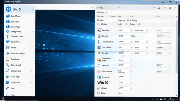 Win10优化大师主界面截图，展示清爽的工具分类布局，左侧功能列表，右侧详细设置面板，整体风格现代简约，蓝色科技感背景，高清，细节丰富