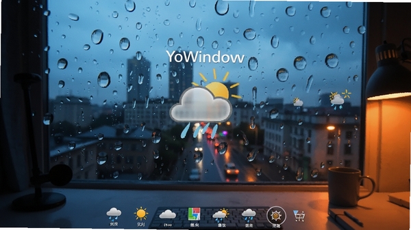 YoWindow动态壁纸效果特写，画面中雨水滴落在窗户玻璃上，窗外城市景观模糊，室内桌面图标清晰可见，冷暖色调对比强烈，体现软件实时天气渲染能力，高清数字绘画