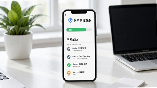 联享守护病毒查杀功能示意图，手机屏幕显示扫描进度条和已发现的威胁列表，背景为干净的办公桌面，周围有绿植和笔记本电脑，画面清晰明亮，突出安全防护的主题。