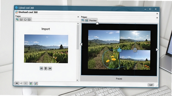 Ulead cool 360 操作界面，展示图片导入与拼接预览过程，背景为干净的桌面环境，画面清晰，突出软件功能。