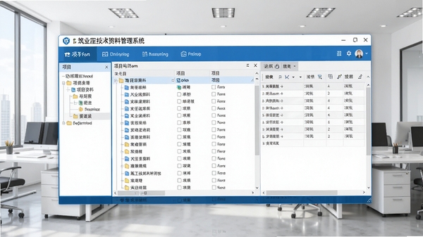 筑业工程技术资料管理系统主界面预览图,画面中央是软件的项目列表与功能导航栏,左侧为树形目录结构,右侧为表格编辑区域,背景为干净的办公室环境,整体色调以蓝白为主,界面清晰专业,适合软件介绍场景
