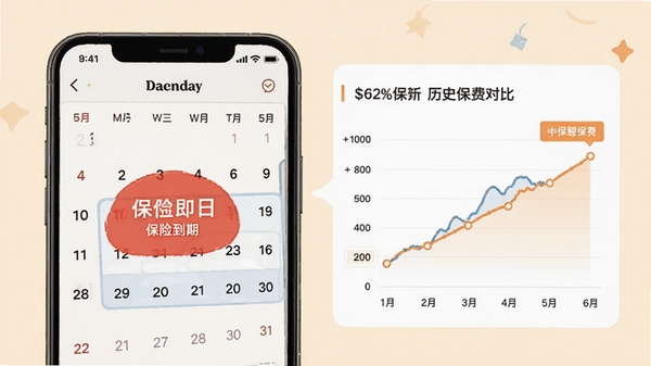 车险费用计算器续保提醒界面,手机日历上标注红色保险到期日,旁边显示历史保费对比折线图,背景为温馨的米黄色,整体设计友好,信息层次分明,突出提醒功能与数据记录