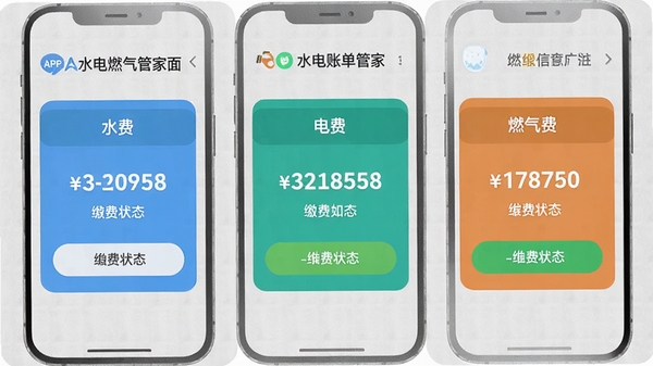 展示水电燃气管家APP内部账单管理界面的截图风格图片,画面分为三个独立的彩色卡片,分别标注水费、电费、燃气费,每张卡片上显示具体金额与缴费状态按钮,背景为简洁的浅灰色纹理,扁平化设计风格,突出信息展示的清晰度与条理性。