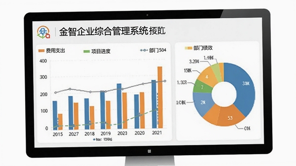 金智企业综合管理系统的数据报表界面预览图，画面展示柱状图与饼图组合的看板，包括费用支出、项目进度、部门绩效，背景为白色简洁风格，强调数据可视化，突出软件名称
