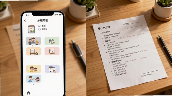 Boogu生成,百捷单词出题器新版本功能展示图,画面分为左右两部分,左边是手机界面显示新增的分组功能,右边是打印出来的一张试卷,背景为木质书桌,整体风格温馨实用