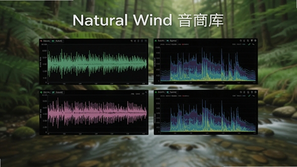 Natural Wind音效库展示图,画面中央显示多种自然音效的波形图与频谱分析界面,背景为模糊的森林与溪流实拍照片,整体色调清新自然,突出高保真音频处理技术