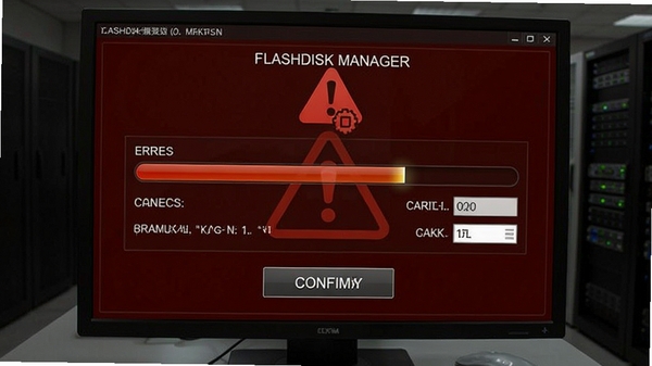 FlashDisk Manager数据擦除功能操作界面，显示擦除进度条与覆写次数设置选项，背景为暗红色警示色调，强调数据安全销毁场景，界面有确认按钮与警告图标，整体氛围严谨