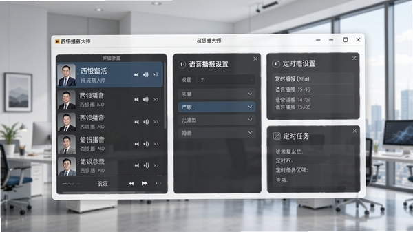 西银播音大师主界面预览图，展示软件音乐播放列表、语音播报设置面板与定时任务区域，整体界面简洁明亮，背景为现代办公环境，突出软件的专业性与实用性