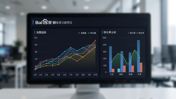 百度营销客户端数据报表功能预览，屏幕展示彩色折线图和柱状图，包含消费趋势和转化率分析，背景虚化处理突出数据内容