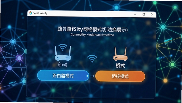 Connectify网络模式切换功能展示,软件界面显示路由器模式与桥接模式两个选项,背景为抽象的网络连接线条与节点图形,色彩明快,突出功能多样性与灵活性