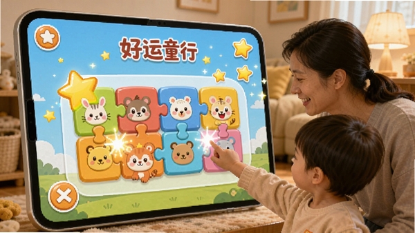 好运童行亲子互动游戏界面，父母和孩子一起点击屏幕上的彩色拼图块，屏幕上有卡通动物和星星奖励特效，室内光线柔和，画面温馨有爱