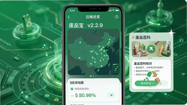 废品宝v2.2.9版本更新功能预览图，手机屏幕展示新增的回收进度地图追踪界面与废品百科知识卡片，背景为绿色环保风格的抽象科技元素，整体画面清爽，突出版本升级亮点