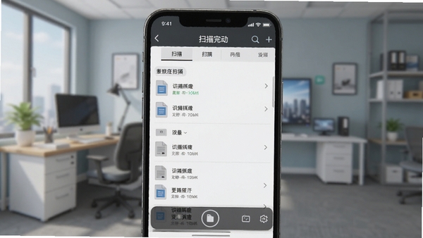 识档扫描软件运行在手机上的截图，背景是虚拟办公环境，界面显示扫描完成的文件列表，图片风格清晰简洁