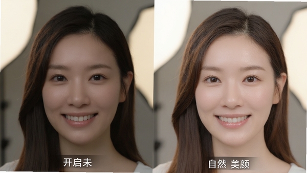 柚子相机PC版实时美颜功能效果对比图,左半边显示未开启美颜的普通画面,右半边显示开启自然美颜后的细腻肤质与五官微调效果,人物面带微笑,背景为柔和影棚灯光
