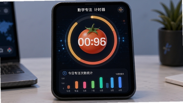 勤学专注计时器功能演示，屏幕中央是一个大大的番茄钟倒计时圆环，背景为深色模式，底部有今日专注次数统计柱状图，整体UI风格具有科技感，强调时间管理与效率提升