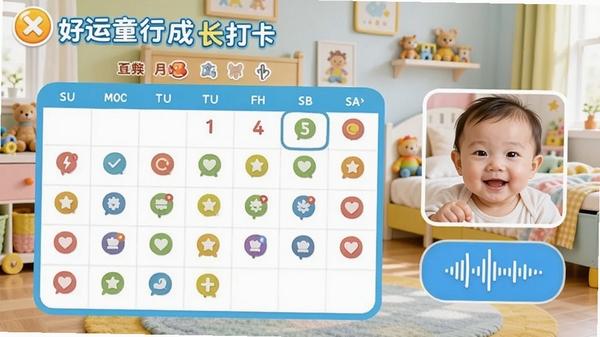 好运童行成长打卡界面截图，展示日历视图上带有彩色图标的打卡记录，旁边有宝宝照片和语音波形图标，背景是明亮的儿童房，色彩活泼，细节丰富