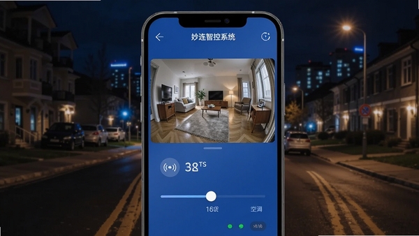 妙连智控系统远程控制界面，手机屏幕显示家中摄像头画面与空调温度调节滑动条，背景为户外街道夜景，暗示远程操控场景，界面简洁，突出网络信号图标与实时状态更新，画面层次丰富，科技蓝为主色调，竖版构图