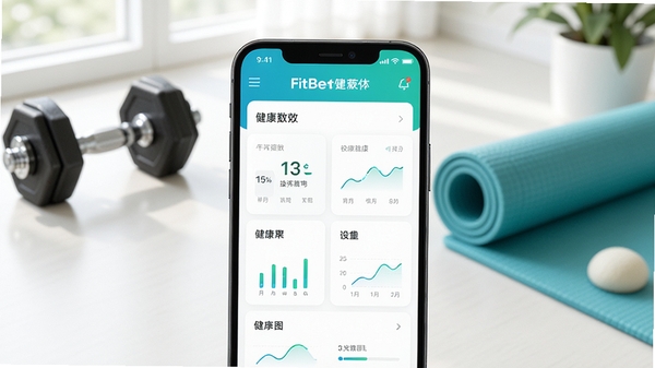 FitBest健康管理软件主界面预览图,画面主体为手机屏幕展示数据看板,背景为简洁明亮的运动场景,包含哑铃、瑜伽垫等元素,整体风格清新现代,突出科技感与健康生活理念
