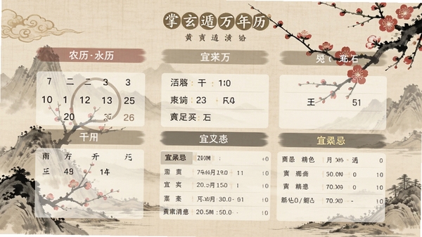 掌玄遁万年历黄历详情页截图,显示日期、农历、干支、宜忌列表,背景配以古风画卷与梅花元素,界面布局工整,文字清晰,色彩柔和,适合功能展示