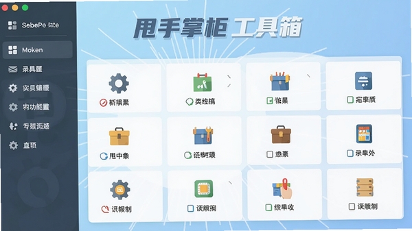 甩手掌柜工具箱主界面预览图,展示其分类清晰的功能模块布局,左侧为功能导航栏,右侧为具体操作区域,整体风格简洁明快,背景为淡蓝色渐变,图标采用扁平化设计,画面中突出工具箱名称字样,风格现代且专业