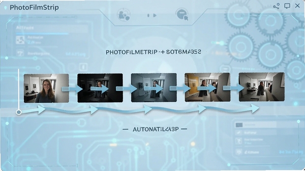 PhotoFilmStrip软件功能展示图,显示多张照片排列在时间轴上,带有方向箭头指示镜头运动路径,背景为淡蓝色科技感界面,画面简洁明了,突出自动化运镜功能