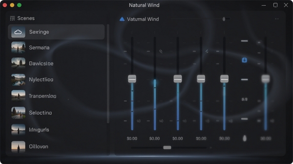 Natural Wind软件主界面预览图,展示简洁的深色主题面板,左侧为场景列表,右侧为音量混合调节滑块,界面带有柔和的光晕效果,整体风格现代且沉浸感强,画质高清,突出软件核心功能