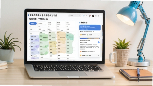 速学应用平台学习路径规划功能截图，显示个性化日程表与课程推荐卡片，背景为整洁书桌，画面色彩明快，体现智能规划特点