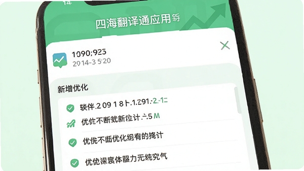 生成一张展示四海翻译通应用更新日志的手机截图样式预览图,界面上有版本号和时间信息,下方列出新增和优化条目,背景为淡绿色,整体风格清爽,突出软件不断迭代优化的特点。