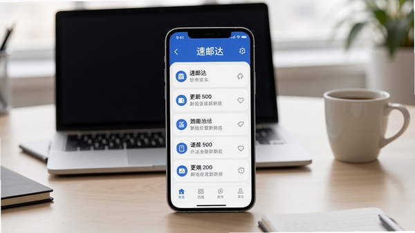 速邮达应用更新日志展示图，画面中手机屏幕显示版本更新内容列表，背景为简洁的办公桌面，有笔记本电脑和咖啡杯，光线柔和，整体风格专业，突出软件升级后的新功能与稳定性