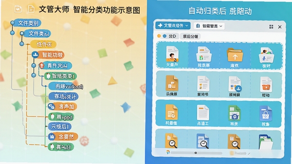 文管大师智能分类功能示意图,左侧为文件类别树状图,右侧为自动归类后的文件列表,色彩明快,风格现代
