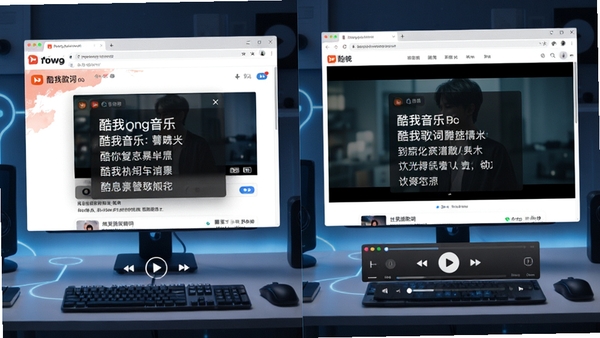 酷我歌词在多种播放器上运行的兼容性示意图,画面分屏展示酷狗音乐、网页视频、本地播放器同时显示歌词悬浮窗的场景,科技感桌面,光线明亮