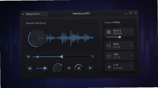 NewSoundFit软件主界面预览图，展示其简洁的音频控制面板与音效增强选项，背景为深色渐变，突出软件界面细节，适配Boogu模型生成