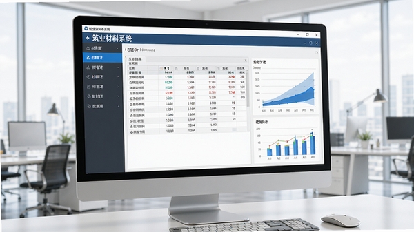 筑业材料系统主界面展示，软件运行在电脑桌面上，窗口清晰显示材料管理菜单、数据表格和统计图表，背景为现代办公室环境，整体风格专业明亮